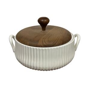 Ernest Sohn Creations Casserole Serving Dish USA Cream Ribbed With Wood Lid MCM
